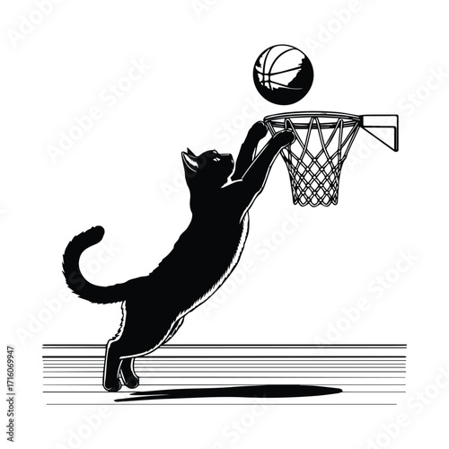 Black cat silhouette jumping to dunk a basketball into a hoop silhouette