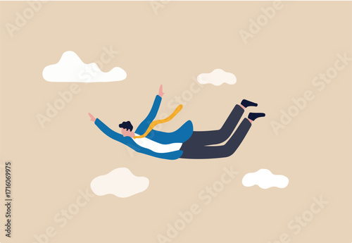 Overcome difficulty, courage and bravery business, risk taking and dare to achieve target concept, ambitious fearless businessman jumping skydiving free fall in the sky with motivation to success. 