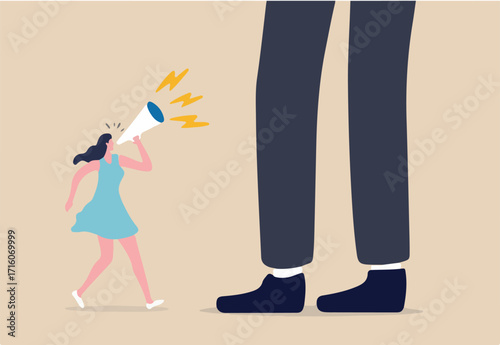 Woman right, feminism speak out for gender gap, inequality in work or female leadership to negotiate and succeed in life concept, beautiful lady businesswoman speak out loud on megaphone to giant man.