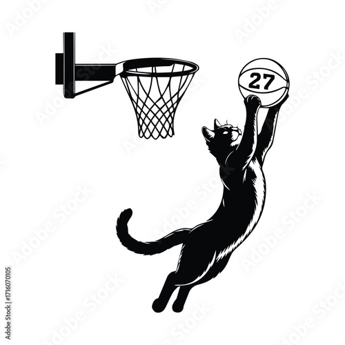 Black cat silhouette leaping to dunk a basketball with number 27 silhouette