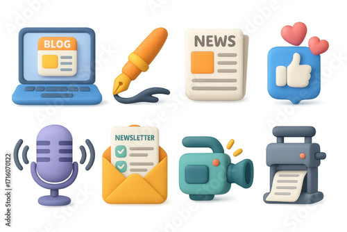 3d social media and communication icons: blog, news, and more