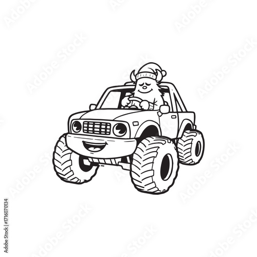 Cheerful Monster Truck with Sleepy Smiling Monster Driver Silhouette on white Background. 