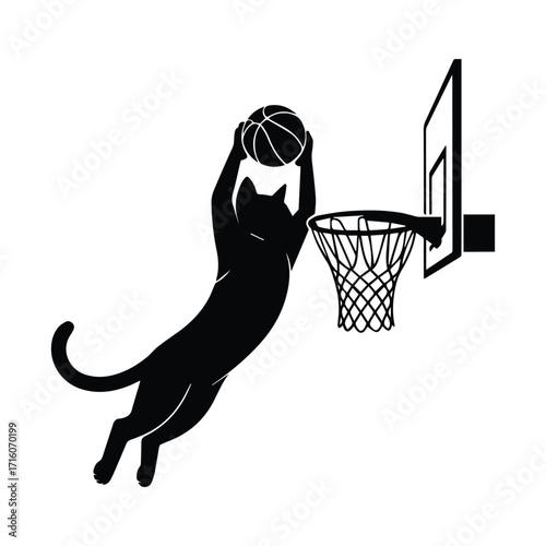 Agile black cat silhouette leaping to dunk a basketball into the hoop