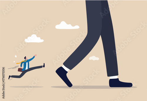 Big business leader, competitive advantage to lead and increase market share from business rivalry concept, big businessman with advantage long legs walking lead by far from his small competitors