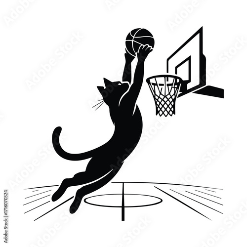 Black cat silhouette performing a slam dunk on a basketball court silhouette