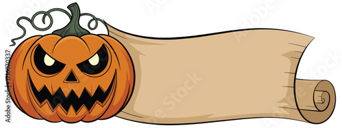 A scary Halloween banner with a large, grinning Jack-o'-lantern and a blank paper scroll, perfect for a spooky seasonal message or advertisement design.