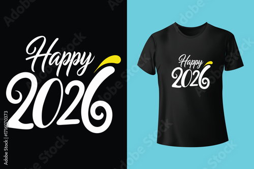 Happy new year typographic design with festive fireworks and t shirt mockup silhouette