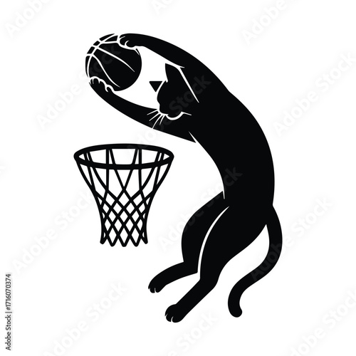 Agile black cat leaping to dunk a basketball silhouette