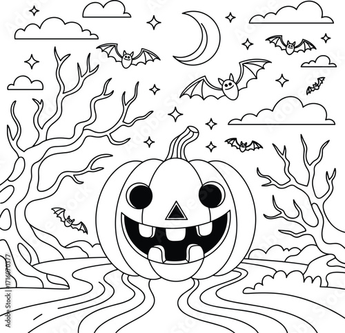 Spooky Halloween coloring page with a smiling Jack-o'-lantern, flying bats, a crescent moon, and creepy trees, perfect for kids' holiday entertainment and creative art.