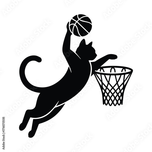 Black cat silhouette performing a slam dunk on a basketball hoop silhouette