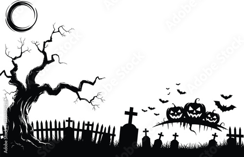 Silhouette of a creepy Halloween graveyard scene with carved pumpkins, a spooky tree, and flying bats, perfect for a ghostly holiday border or banner design.SilhouettEE