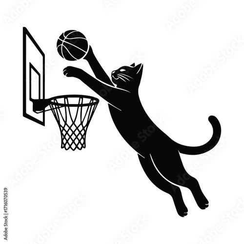 Black cat silhouette leaping to dunk a basketball into a hoop silhouette