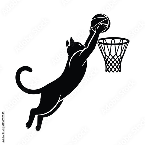Dynamic black cat silhouette dunking a basketball into a hoop