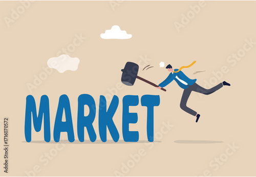 Beating the stock market, investor or active funds who win and earn more than stock market return concept, businessman investor or fund manager holding hammer to hit trying to beat the word Market.