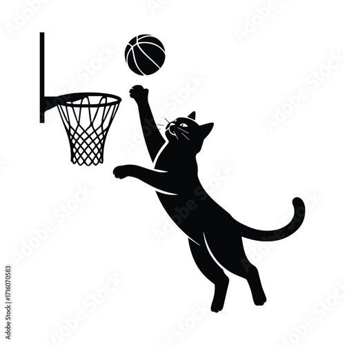 Black cat silhouette leaping to dunk a basketball into a hoop silhouette