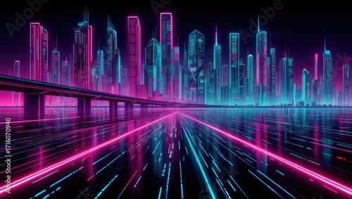 Neon futuristic city skyline with glowing skyscrapers and digital reflections over dark horizon, cyberpunk atmosphere. Generative AI.