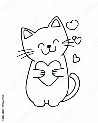 Adorable smiling cat holding a heart with love hearts floating around its head, perfect for Valentine's Day cards and children's designs, originally vector