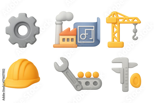 3d construction icons: tools, gear, and machinery for industrial projects