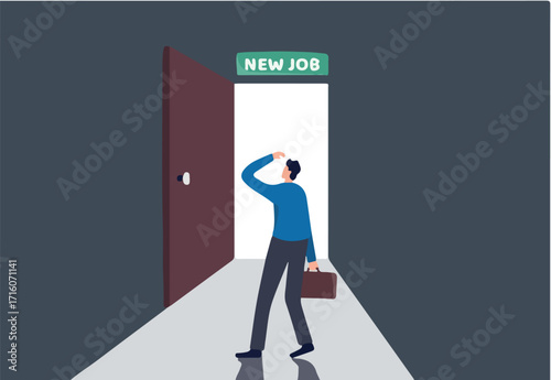 New job challenge, make decision for new opportunity in work or career development concept, businessman thinking and make decision to exit bright future opening door with sign on top as New Job.
