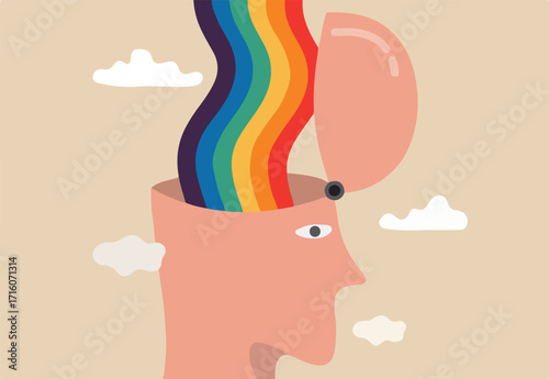 Mental state of happiness, good mood or positive thinking mind, emotional therapy or brain treatment concept, man with open head and happy rainbow wave from inside his brain around with cloud.