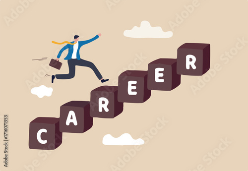 Career development, personal development or job promotion, work experience and responsibility growth concept, smart confident businessman running fast on career stairway rising up to achieve success.