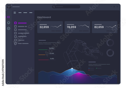 futuristic dark themed dashboard displaying holographic wireframe of a robotic arm concepts of robotics automation and intelligent machinery data analytics with manufacturing and industrial technology