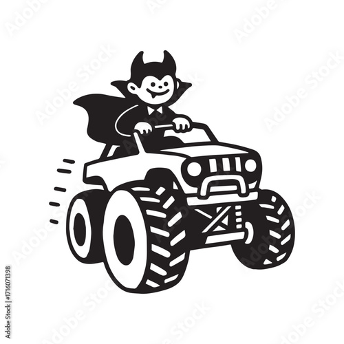 Cheerful Young Vampire Driving Playful Monster Truck Silhouette on white Background. 