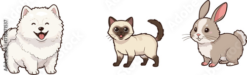 Cute cartoon dog, adorable cat illustration, fluffy rabbit character, happy pets drawing, kawaii animal artwork, domestic animals clipart, friendly pet design