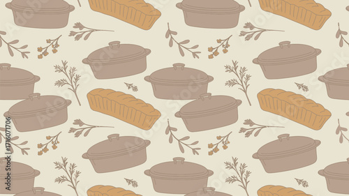 A seamless pattern with casserole dishes, bread loaves, and small floral sprigs on a beige background