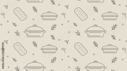 Seamless pattern featuring baking dishes bread and sprigs on a light beige background design element