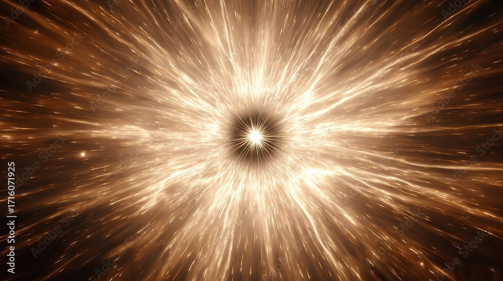 Obraz premium An explosive abstract corona of golden and white energy erupting from a dark center, sending out waves of luminous particles.