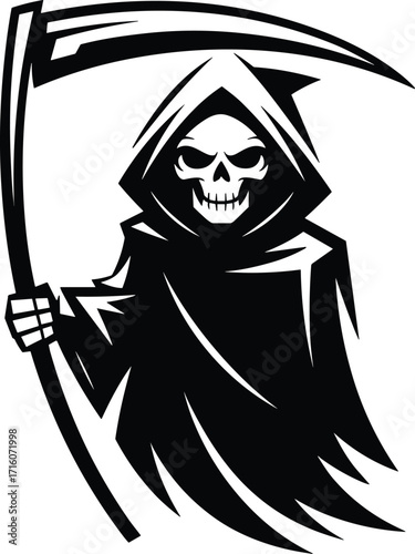 Scary black and white silhouette of the Grim Reaper holding a scythe, a classic symbol of death and fear for spooky Halloween and horror-themed designs.

