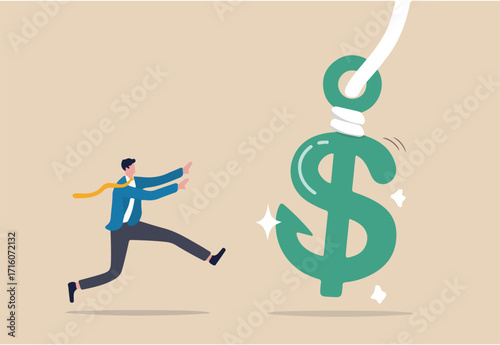 Financial fraud, illegal investment scam or ponzi scheme stealing money from greedy people concept, greedy businessman investor running to catch money US Dollar sign with hidden phishing bait.