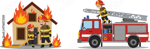 Firefighters extinguishing burning house with fire hose, fireman climbing fire truck ladder, emergency rescue, safety equipment, flames, teamwork, protection, danger