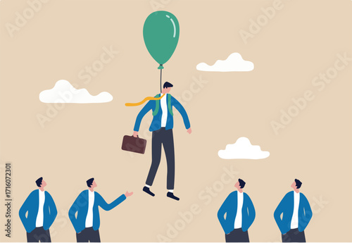 Innovation or stand out skill to different from others, success leader with winning strategy concept, smart businessman flying with balloon suit over other competitor or recruiting candidates.