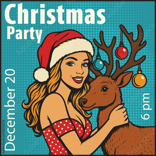  Christmas Party Pop Art Poster with Girl and Reindeer Perfect for holiday party invitations, flyers, and seasonal promotions.