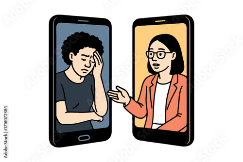 Illustration of a virtual therapy session, one person comforting another via smartphone screens, flat style, white background, concept of mental support, Online therapy session