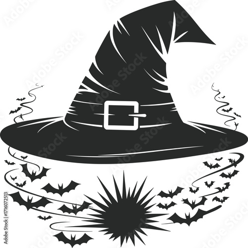 Witch's pointy hat with a swirling vortex of bats and a starburst, a spooky Halloween silhouette illustration that captures the magical and mysterious spirit of the holiday.