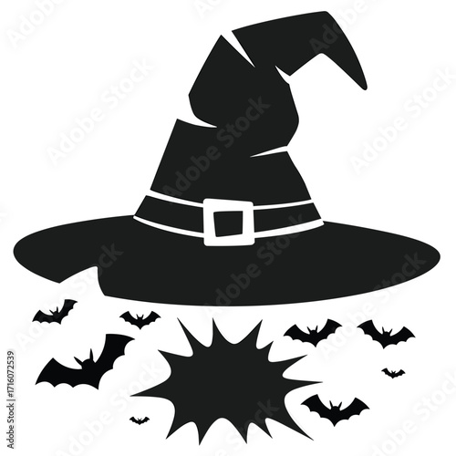 Witch's pointy hat with a swirling vortex of bats and a starburst, a spooky Halloween silhouette illustration that captures the magical and mysterious spirit of the 