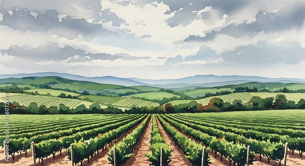 Fototapeta premium Vineyard Landscape Under Cloudy Sky.