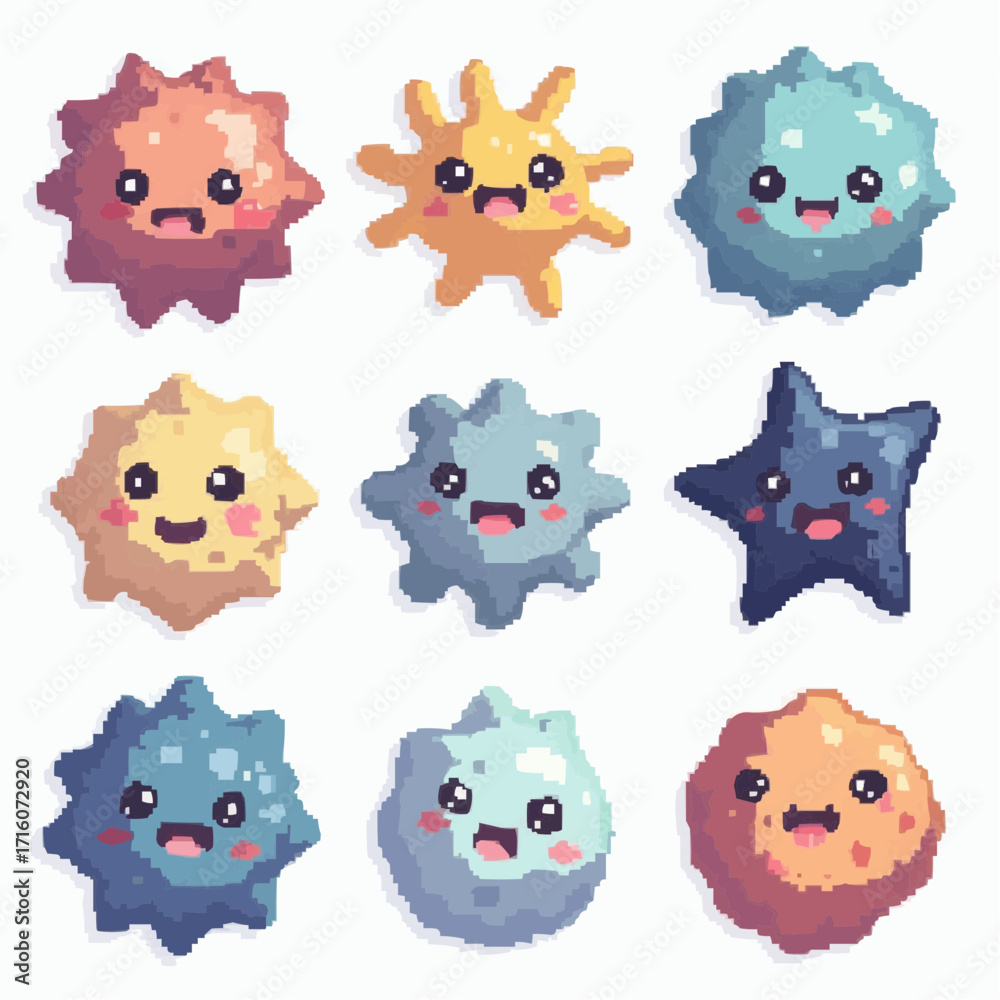 Fototapeta premium Collection of Cute Pixel Art Characters resembling Cartoonish Microbes or Viruses with Friendly Facial Expressions