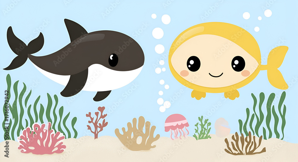 Fototapeta premium Cute cartoon illustration of a whale and a fish swimming in a vibrant underwater scene