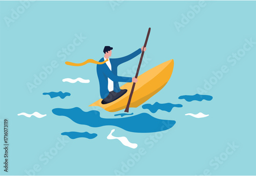 Leadership to overcome business difficulty, skill or decision making to survive in crisis concept, ambitious businessman professional kayaking or canoe boat with full effort to survive the ocean storm