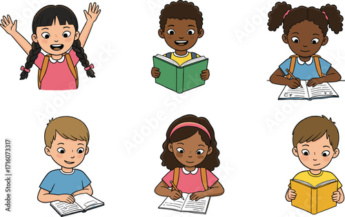 Happy school children reading books, writing homework, studying, learning education, back to school kids, classroom activity, knowledge, student illustration