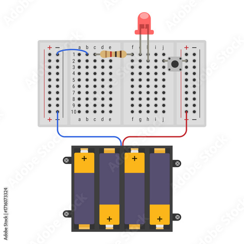 Breadboard circuit with LED, resistor, battery pack, and push button. Vector illustration