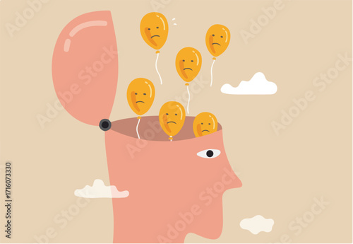 Relaxation to let anxiety and negative thought fly away, mentally relieve or mindfulness to cure depression, open head to let balloons with sad and unhappy face fly away