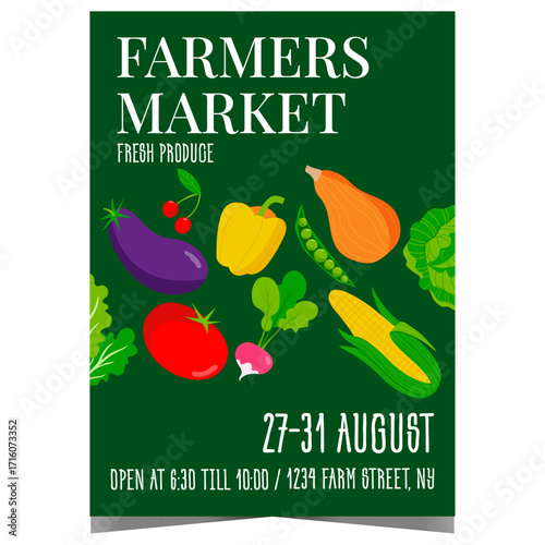 Farmers market poster with fresh vegetables inviting artisans and consumers to visit a rural marketplace with locally grown healthy produce. Ready for print vector banner, leaflet or flyer.