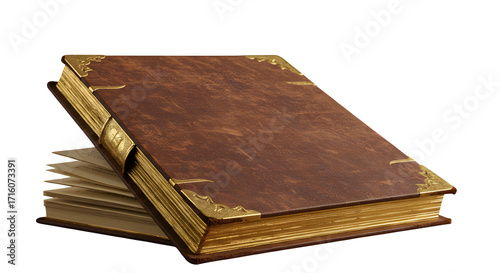 Brown leather-bound book with golden accents on a black backdrop. Use for fantasy book covers, historical references, or classical presentations.