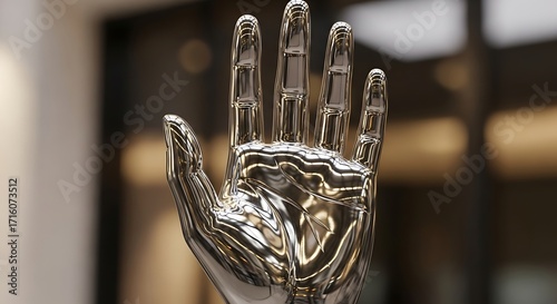 Futuristic metallic open hand symbolizing help assistance and connection