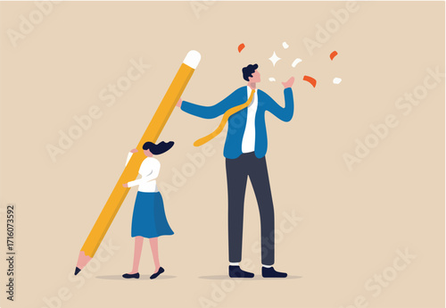 Coworker or boss takes credit of your work, dishonesty, stealing idea or plagiarism concept, young pity woman working hard holding big pencil with bigger businessman liar get reward from her work.